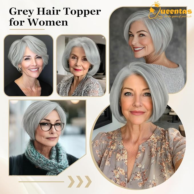 QUEENTAS Grey Hair Topper for Women with Thinning Hair Pieces 6"*6"Large Coverage 360°3D Cover Silver Synthetic Short Bob with 5 Clips in Wiglets(Gray)