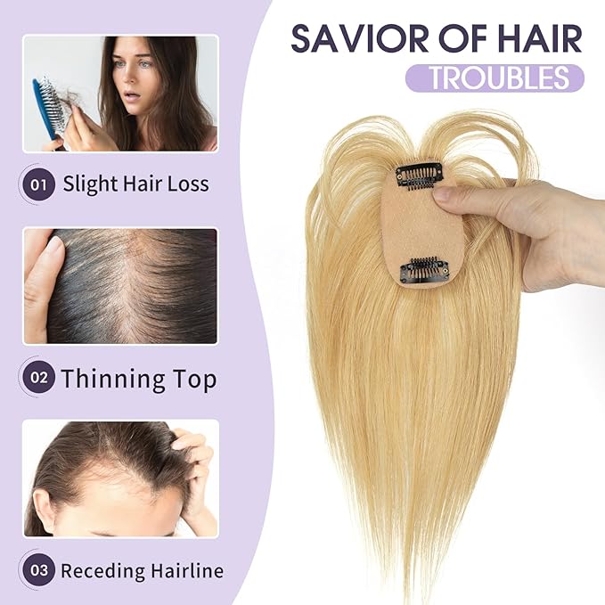 Real Human Hair Topper with Bangs Covers Thinning Crown, Receding Hairline Clip-In Hair Topper for Thinning Hair, 10Inch #27