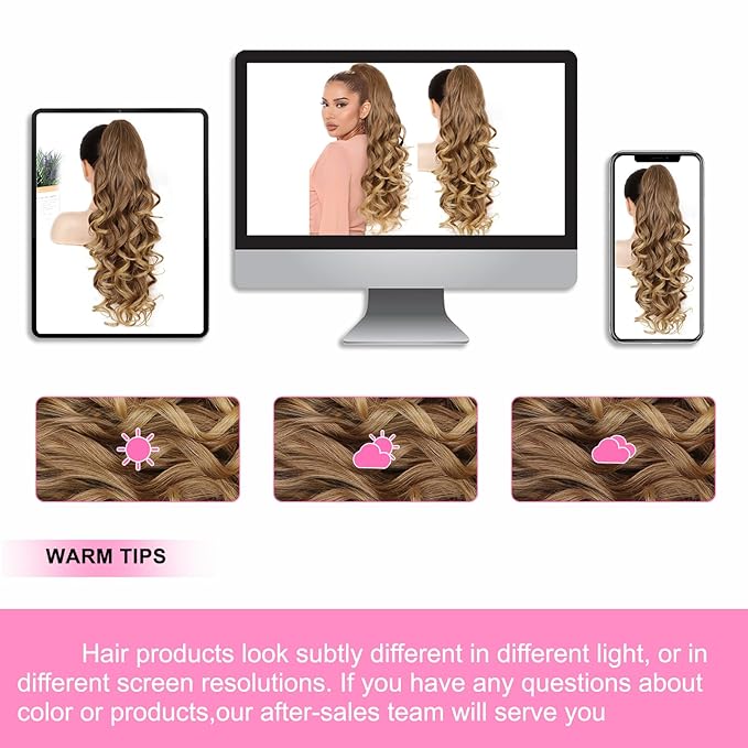 ALXNAN Ponytail Extension,24 Inch Claw Clip in Long Curly Wavy Dark Ash Blonde with Golden Ends Ponytail Hair Extension Jaw Clip on Pony Tails Hairpiece for Women