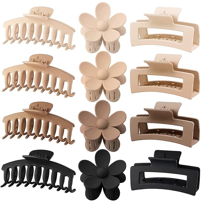 Large Hair Claw Clips 12 Pack, Flower Hair Clips for Thin Hair, Big Square Matte Strong hold for Thick Hair, 3 Styles Hair Clips for Women Thick Hair Neutral Colors
