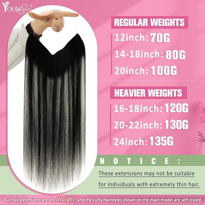 YoungSee 120G Invisible Wire Hair Extensions Ombre Black Hair Wire Balayage Black Mix Silver Fish Line Hair Extensions Real Human Hair Soft Hair 18Inch