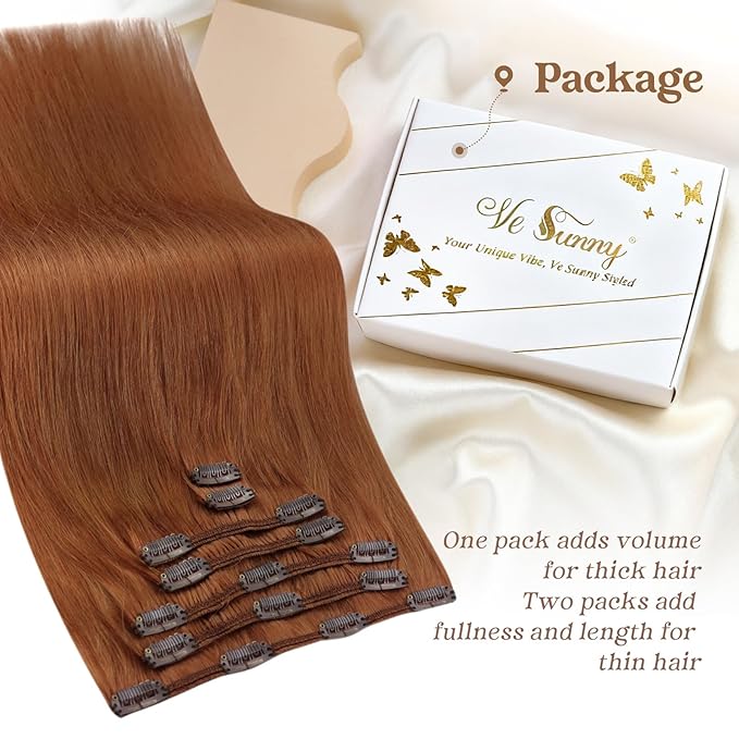 Ve Sunny Human Hair Clip in Extensions Double Weft Ginger Copper Clip on Hair Extensions for Women Short Hair Extensions Real Human Hair 7pcs 14 inch 100g