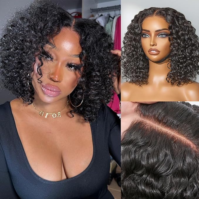 LUVME HAIR 5X5 Deep Curly 10 Inches100% Human Hair Wigs Curly Deep Wave Glueless Lace Front 10 Inches, Pre Cut Plucked Hd Lace Short Wig Ready To Go Natural Color Straight Bleached Knots Black Wigs