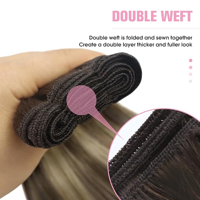 YoungSee Sew in Hair Extensions Real Human Hair Balayage Double Weft Hair Extensions Human Hiar Chocolate Brown with Ash Blonde Balayage Straight Hair Extension Sew in 20Inch 100G