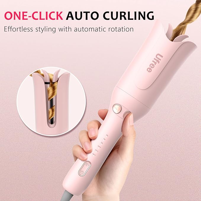 Ufree Automatic Rotating Curling Iron, 1 Inch Ceramic Curling Wand, 1-Click Hair Curler with 3 Heat & Timers, Anti-Scald Design, 1M Ionic Care, Dual Voltage for Travel Beach Waves, Pink