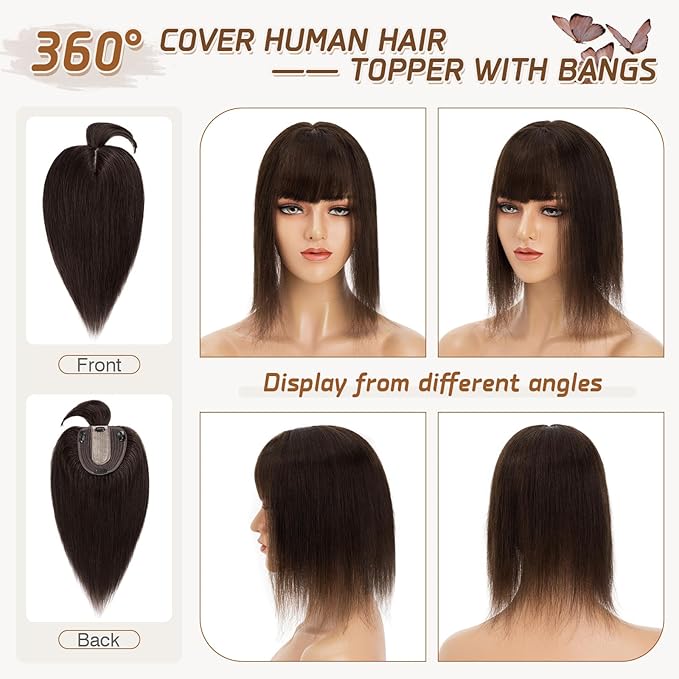 Rich Choices Real Human Hair Toppers for Women With Bang 100% Remy Human Hair Topper for Thinning Hair Clip in Silk Base Hair Topper 10 Inch #2 Dark Brown