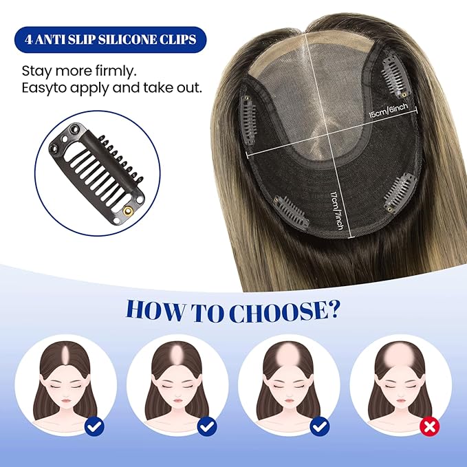 WORLDSTAR Toppers for Women Real Human Hair, Hair Topper with No Bangs, 360° 3D Cover,14Inch,6 * 7 Inch Base,65g,#2/6/18 Dark Brown to Chestnut Brown and Dirty Blonde, Clip in Topper (tp#2/6/18-14)