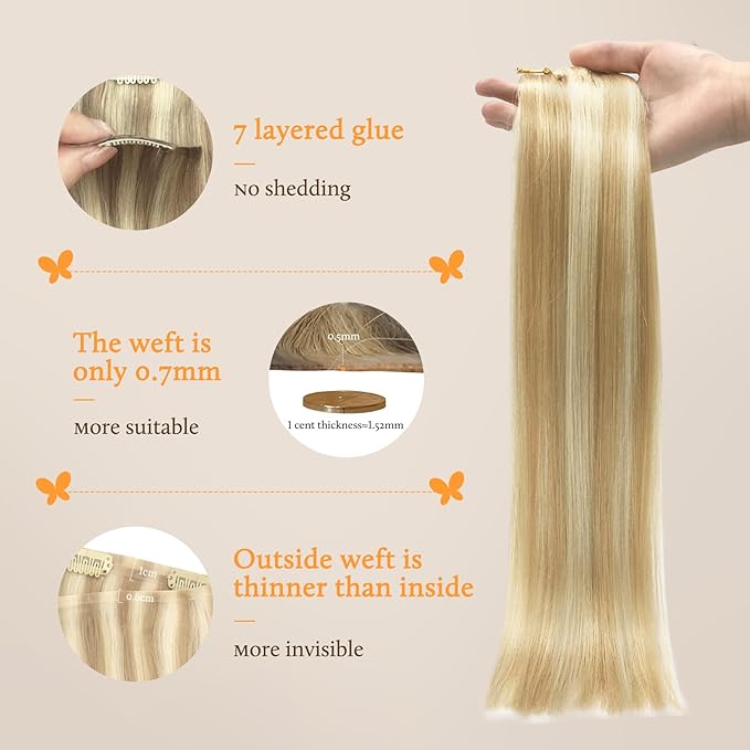 DOORES Seamless Clip in Hair Extensions - Dark Blonde Highlighted Bleach Blonde, 120g, 24 Inch, 7pcs - Invisi Edge Human Hair, Straight