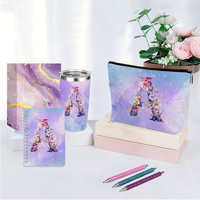 Personalized Gifts Monogrammed Birthday Gifts for Women, Bridesmaid Bachelorette Party Wedding Christmas Initial 20 oz Tumbler, Makeup Bag Pens Journal Notebook 6 Set, (Aesthetic Purple Flower A)
