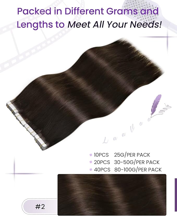 LaaVoo Human Hair Tape in Extensions Brown Tape in Hair Extensions Human Hair #2 Darkest Brown 22 Inch 50g 20pcs