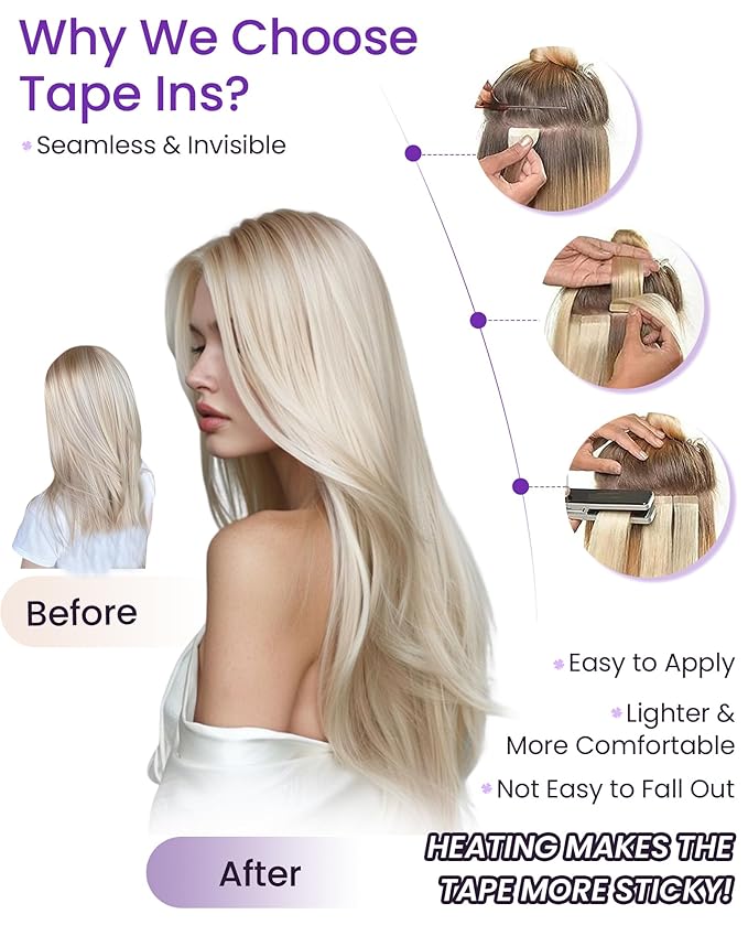 LaaVoo Tape in Hair Extensions Human Hair Tape in Extension Platinum Blonde 18 Inch Tape ins Hair Extension White Blonde Seamless Hair 20pcs/50gram