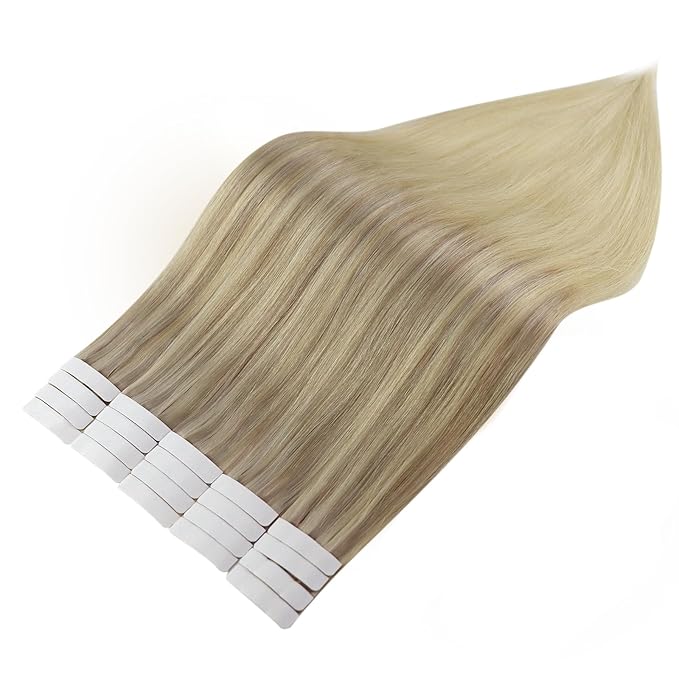 Full Shine Tape in Hair Extensions Human Hair 14 Inch Blonde Tape in Extensions 50G 20Pcs Color 18/22/60 Ash Blonde to Blonde Seamless Tape ins Human Hair Extensions Soft Remy Skin Weft Adhesive
