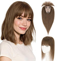 Hairro Human Hair Toppers with Wispy Bangs, 3.5x4.7" Hand-wovened Base for Women with Thinning Hair, Lightweight & Breathable Realistic Scalp, Clip-in Hairpieces for Easy Wear, 14 Inch Cocoa Brown