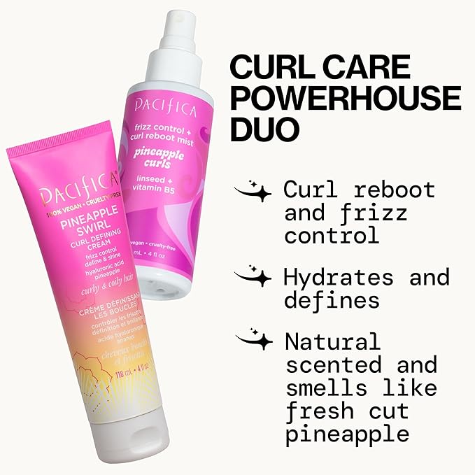 Pacifica Pineapple Swirl Curl Defining Cream – Curl Cream for Curly Hair, Curly Hair Products with Coconut Oil and Hyaluronic Acid, Styling for Bouncy Waves Without Crunch - 4 Oz