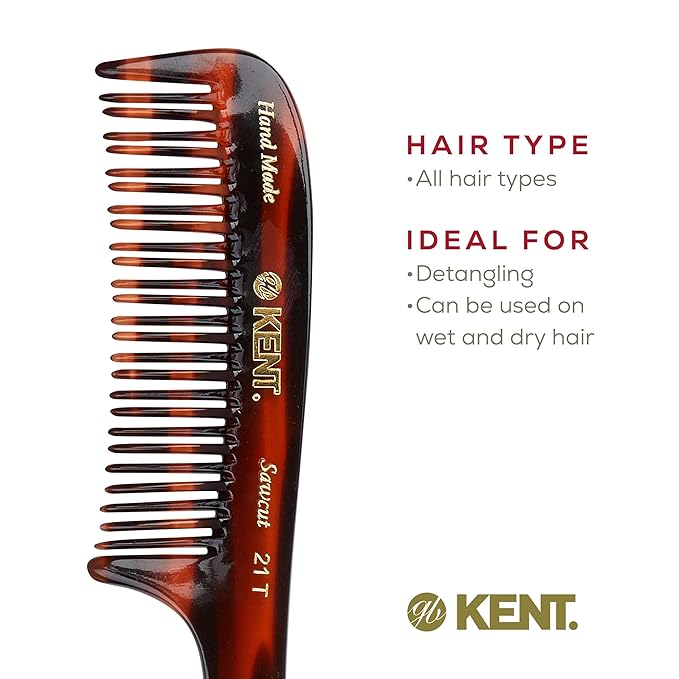 Kent 21T Large Detangling Comb, Double Wide Tooth for Curly Wavy Hair, Detangler Comb for Wet and Dry Hair, Saw-Cut and Hand Polished Made in England