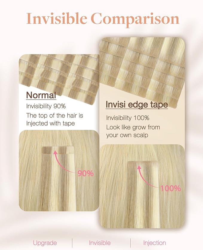 GOO GOO Invisi Edge Tape in Hair Extensions Human Hair, 18A/613A Dark Blonde Highlighted Bleach Blonde, 6pcs 22inch 18g, Virgin Remy Hair, Seamless Injected Tape, Natural Look