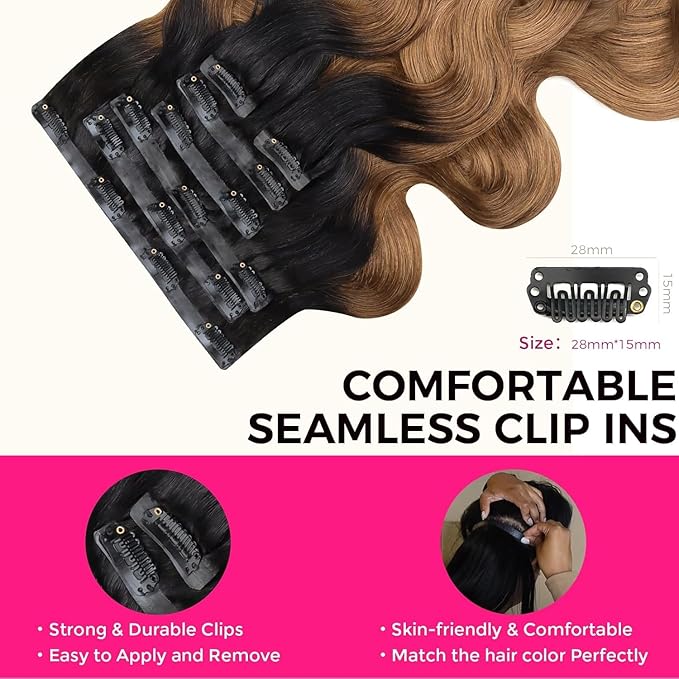 Lashey Seamless Clip in Hair Extensions Human Hair 18 Inch 110g 7pcs Body Wave Ombre Natural Black to Medium Auburn PU Clip in Hair Extensions for Women
