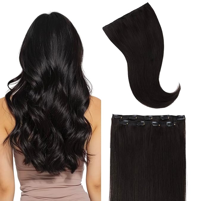 GOO GOO Clip in Hair Extensions Real Human Hair, Remy Human Hair Extensions Clip ins for Women, Natural Human Hair, 16inch 70g 2Pcs, #1B Natural Black