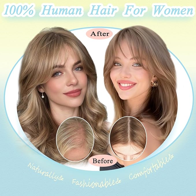 Hair Toppers for Women Real Human Hair, 360° 3D Toppers Pieces for Women with Thinning Crown Wispy Bangs 12 Inch Upgrade Big Basement (Natural Black, 12 Inch Wispy Bangs)