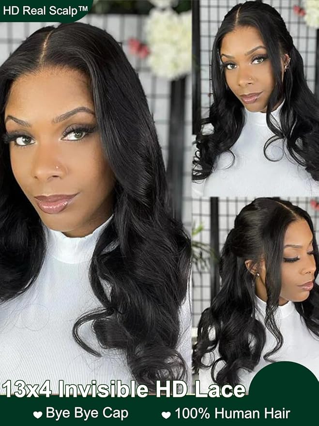KLAIYI HD Real Scalp Wig 13x4 Lace Frontal Human Hair Wig Loose Body Wave with Face Framing Curtain Bangs Pre Everything Glueless 3S Wear and Go Precut Lace Pre Plucked Pre Bleached 180%Density 18Inch