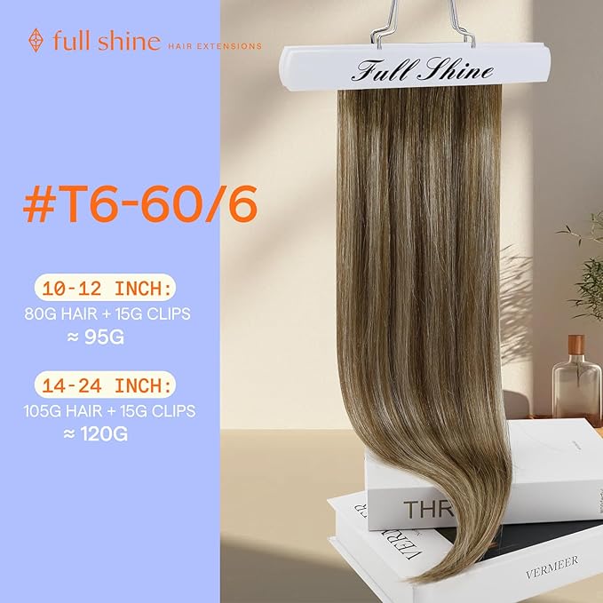 Full Shine Brown Blonde Clip in Hair Extensions Chestnut Brown Ombre Blonde Color 6/60/6 Real Hair Extensions Clip ins 22 Inch Straight Clip in Remy Hair 7 Pcs 120 G