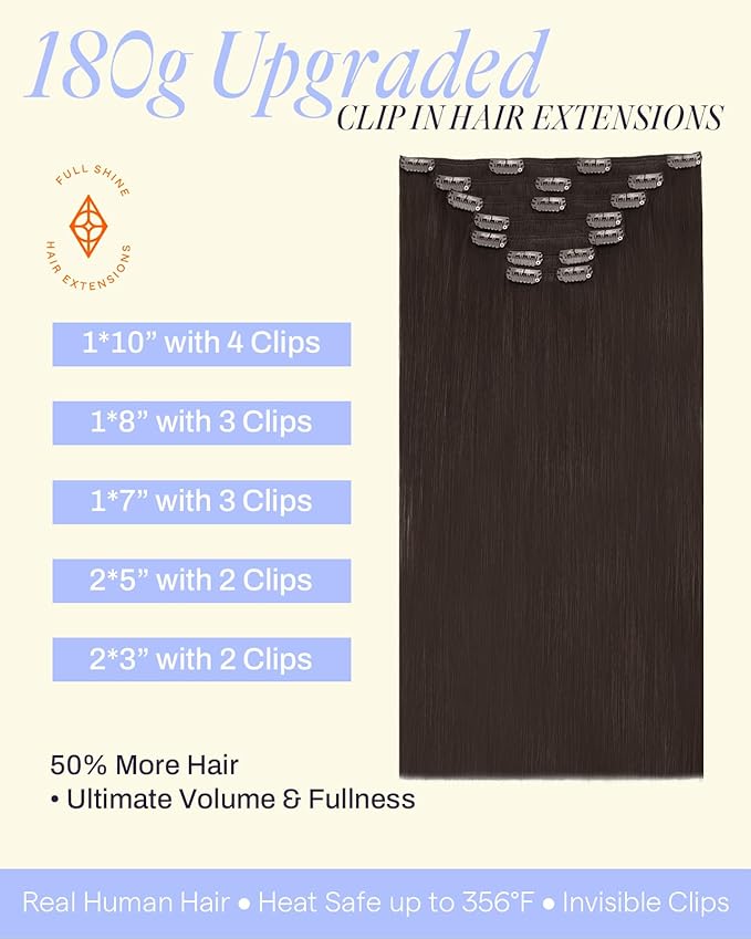 Full Shine Thick Human Hair Clip in Extensions 20 Inch 180 G Dark Brown Hair Extensions Clip in Brunette Hair Extensions for Styling 7 Pcs