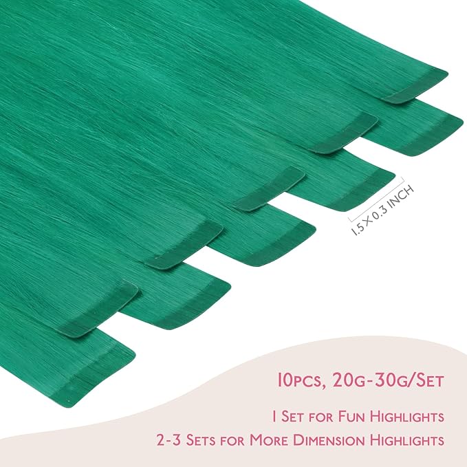 WENNALIFE Green Tape in Hair Extensions, 10pcs 20g 12 inch Remy Invisible Tape Ins Straight Colored Soft Real Human Hair Tape in Extensions Refill Set Extensions