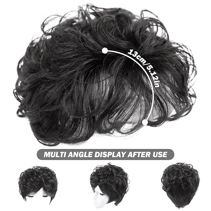 5.1'' Black Hair Toppers for Women, Curly Synthetic Hair Topper with Bangs, Breathable Fluffy Clip-in Natural Wig Toppers, Thinning/Loss, For Thin
