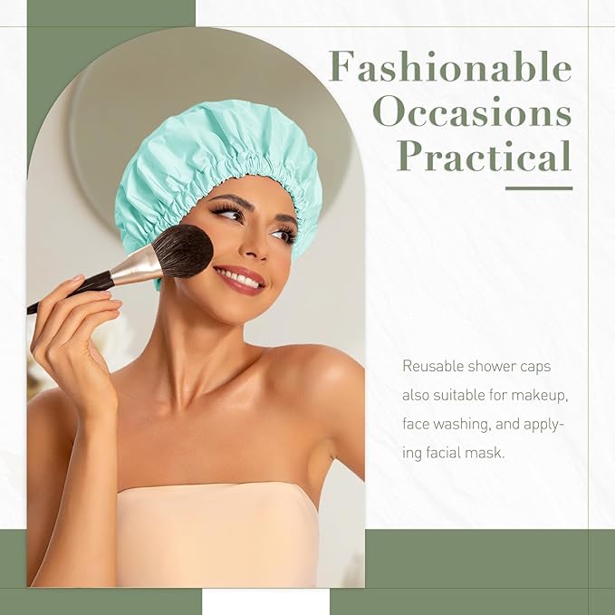 Reusable Shower Cap for Women, Large Waterproof Shower Essentials Bonnet Washable Elastic Band Bath Hair Wrap Hat for Long Hair, Braids(Mint Green)