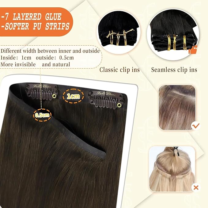 Full Shine Seamless Clip in Hair Extensions Human Hair Brown Remy Hair Extensions Clip in Darkest Brown Straight Natural Hair Extension for Women 12 Inch 8 PCS 95 G