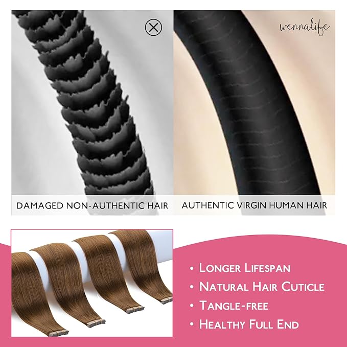 WENNALIFE Tape in Hair Extensions - Human Hair, Light Auburn Brown, 10pcs 25g, 18 inch Remy, Invisible Tape, Straight, Colored, Soft Real Human Hair Refill Set