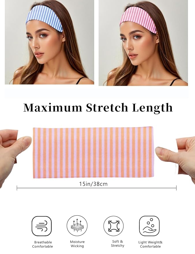 Striped Headbands for Women Elastic Thick Yoga Workout Headband Non Slip Hair Band Hair Accessory,4 Pack