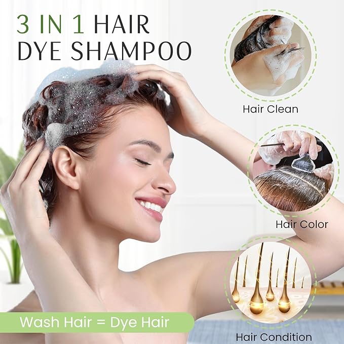 Dark Brown Hair Dye Shampoo 3 in 1, Instant Natural Hair Color Shampoo for Women Men 100% Gray Hair Coverage Champu Para Canas Mujer, Lasting 3-4 Weeks & Easy to Use & All Hair Types, 500ml