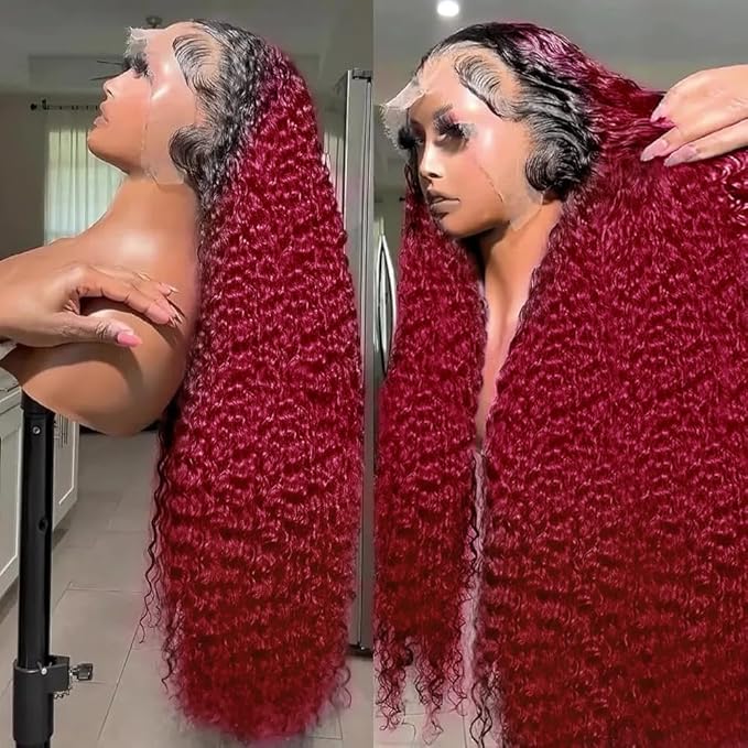 AMIRTY 30Inch 250 Density Burgundy Deep Wave Lace Front Wigs Human Hair Pre Plucked Wigs 13x6 1B/99J Water Wave Human Hair for Women Drawstring Wig Human Hair13x6 HD Burgundy Deep Human Hair Wig