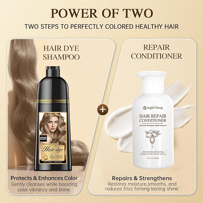 Natural Hair Dye Shampoo 3 IN 1, Hair Color for Gray Hair Coverage, Hair Coloring Shampoo for Women, Color Shampoo Beard Dye for Men, Vegan Ammonia Free Hair Shampoo (MEDIUM BLONDE)