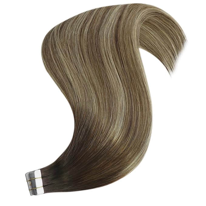YoungSee Tape in Extensions Human Hair Balayage Hair Extensions Tape in Brown Ombre Medium Brown with Blonde Tape in Hair Extensions 20pcs Human Hair Tape-in Extension 20 Inches 50g