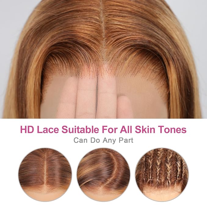 210% Density 13x6 Highlight Ombre Full Lace Frontal Wigs Human Hair 12A Body Wave Brazilian Human Hair Pre Plucked 4/27 Honey Blonde HD Glueless Transparent Lace with Baby Hair 28 Inch