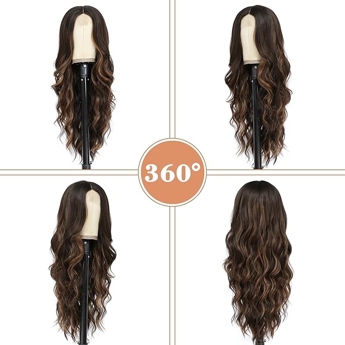 NAYOO 26 Inch Long Curly Middle Part Synthetic Heat Resistant Fiber Wig for Women - Daily Use Party Wig in Dark Brown