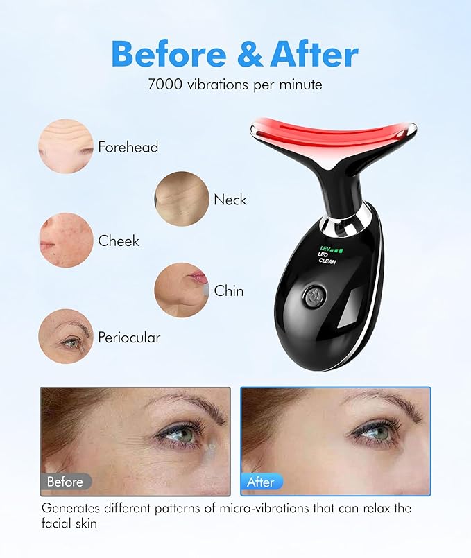 Red-Light-Therapy-for-Face-and-Neck, 7 Color Face Massager Tool for Wrinkles, Double Chin, Vibrating Facial Massager with Thermals for Skin Care, Glossy Black
