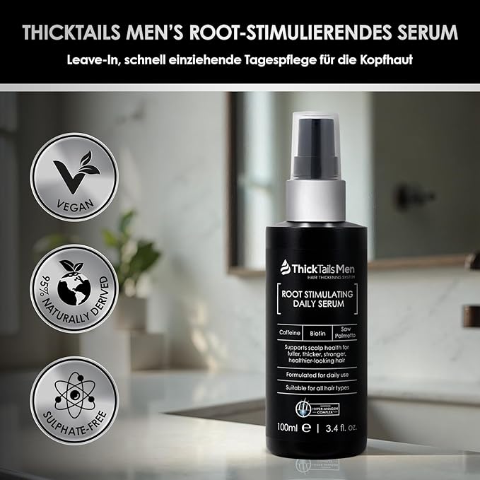 ThickTails Men’s Hair Growth Serum for Thinning Hair | Leave-In Root & Scalp Serum with Caffeine, Biotin & Saw Palmetto | Lightweight Vegan Hair Thickening Treatment, 1.7 fl oz