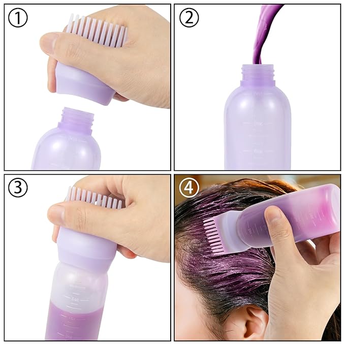 4Pcs Root Comb Applicator Bottle, 6 Ounce Hair Dye Bottles with Comb and Graduated Scale Plastic Hair Oil Brush for Hair Care and Color, Purple