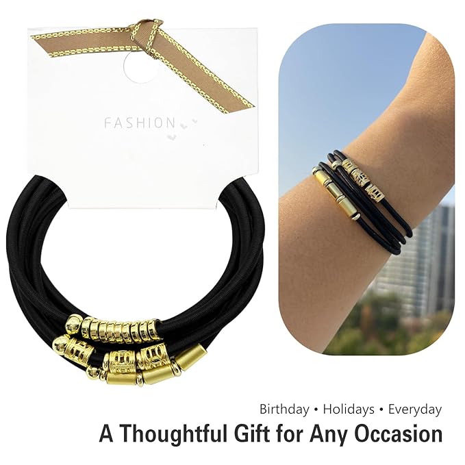 Black Extra Large Long Bracelet Hair Ties for Thick Curly Hair, 3 Pack 3mm Elastic Ponytail Holders Accessories for Women No Damage Stretchy Pony Tails Bands with Gold Metal Charms Beads