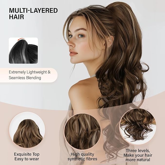 24 Inch Ponytail Extension, Layered Ponytail Extensions for Women, Soft Wavy Claw Clip in Ponytail Extension, Natural Synthetic Hair Pieces for Women (Color: Ash Brown with Beige Blonde Highlights)