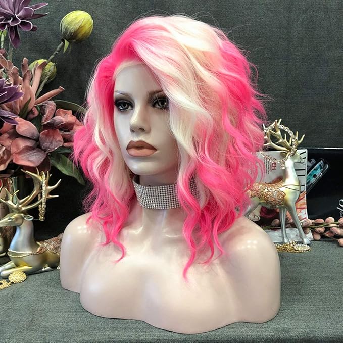 IMSTYLE Pink Blonde Lace Front Wigs Short Bob Wavy Wigs Synthetic Hair Wig Free Part with Natural Hairline Shoulder Length for Women (Blonde Pink)