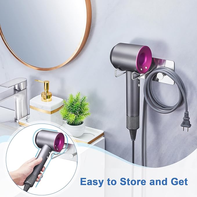Hair Dryer Holder Wall Mounted, Universal Blow Dryer Holder, Hairdryer Storage Hanger with Plug&Cord Hook, Adhesive Hair Tool Organizer for Bathroom, Silver