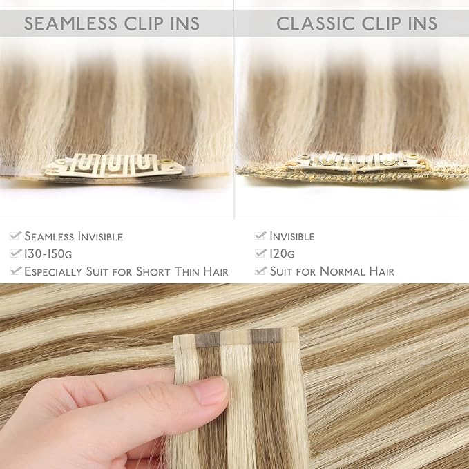 WENNALIFE Seamless Clip In Hair Extensions, 22 Inch 7pcs 150g Ash Brown with Platinum Blonde Highlights Hair Extensions Clip In Real Human Hair Extensions Invisible PU Weft Hair