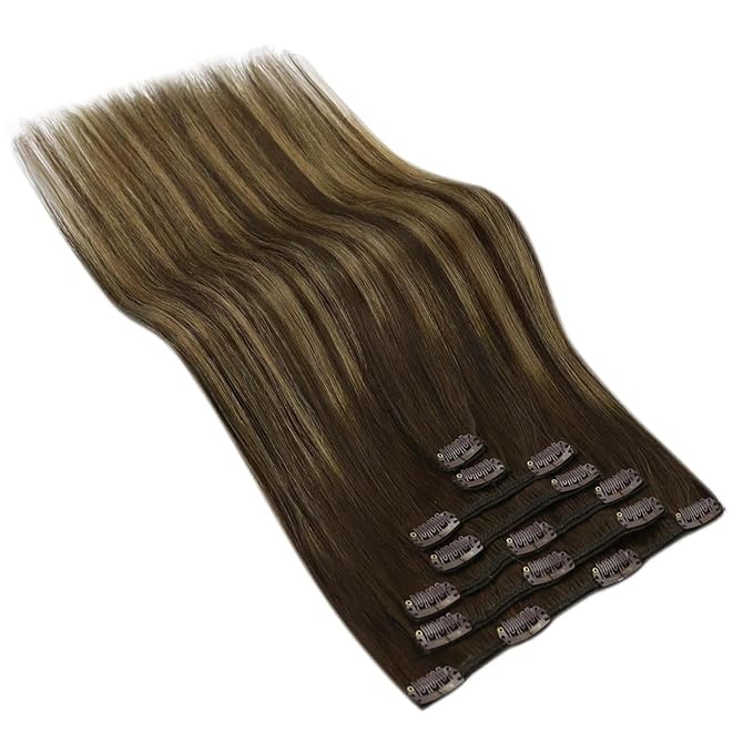 Ve Sunny Clip in Hair Extensions Real Human Hair Balayage Clip in Human Hair Extensions Ombre Brown with Blonde Clip on Extensions for Women Long Straight Hair 24inch 120g 7Pcs