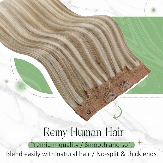RUNATURE Wire Hair Extensions Human Hair, Hidden Fish Line Hair Extensions, Natural Remy Hair, One Piece Clip in Extensions for Women, Can be Styled, 14 Inch 70g #8P24 Brown Highlight Blonde