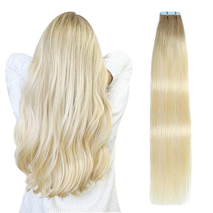 SUYYA Tape in Hair Extensions Human Hair Balayage Ash Blonde to Medium Blonde and Platinum Blonde 40g/pack 20pcs Straight Seamless Skin Weft Tape in Real Human Hair Extensions(14inch #P22/60/T18)