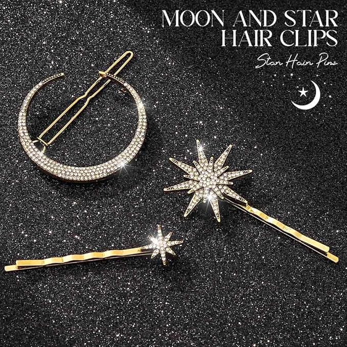 BARTOSI Moon Star Hair Clips Sparkly Rhinestone Hair Pins Vintage Bobby Pins Celestial Hair Accessories for Women and Girls (Pack of 3) (Bronze)